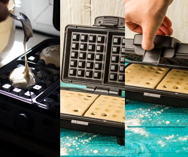 Pour batter into waffle iron, covering it all.