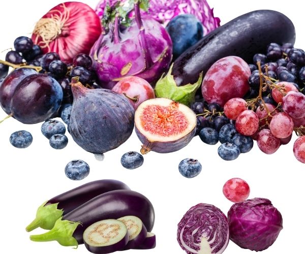 eggplants, purple cabbage, and blueberries