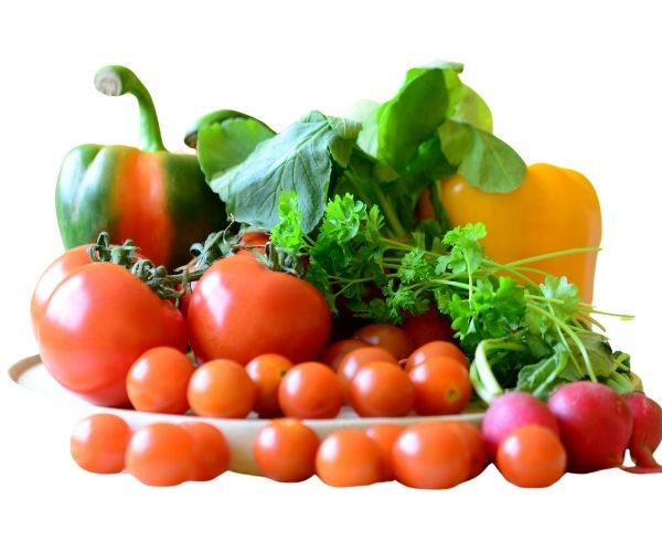 tomatoes, bell peppers, and radishes